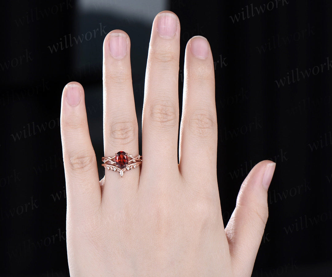 Vintage oval red garnet engagement ring nature inspired leaf three stone art deco diamond bridal wedding ring set women rose gold gemstone