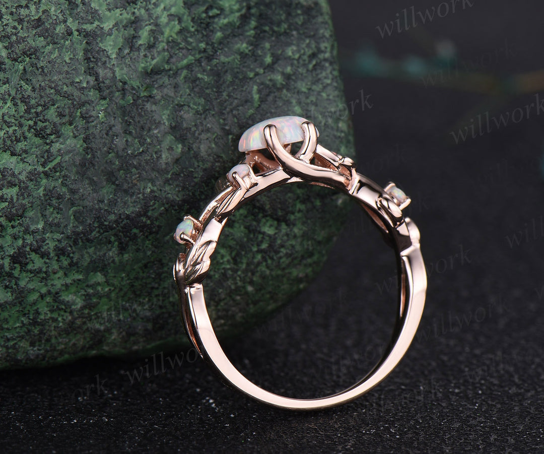 Hexagon white opal ring vintage rose gold leaf nature inspired five stone opal engagement ring art deco twisted branch wedding ring women