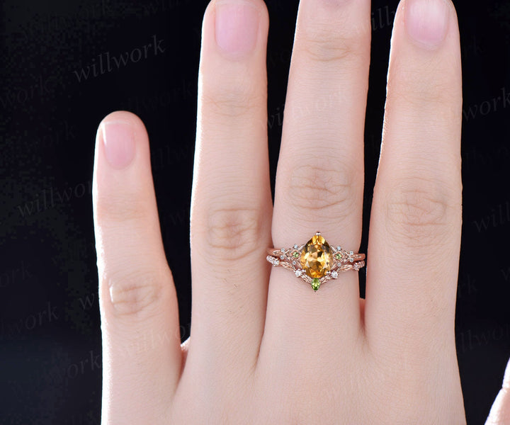 Vintage pear yellow citrine engagement ring rose gold twig leaf floral antique unique cluster peridot diamond bridal wedding ring set women