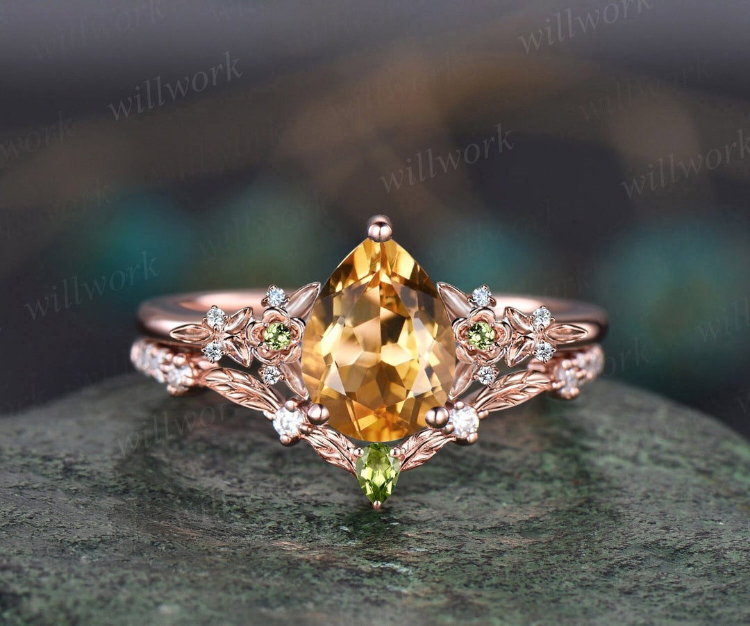 Vintage pear yellow citrine engagement ring rose gold twig leaf floral antique unique cluster peridot diamond bridal wedding ring set women