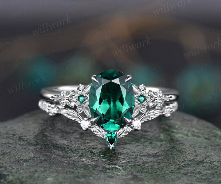 Vintage oval green emerald engagement ring 14k rose gold twig leaf floral antique unique cluster diamond bridal wedding ring set women gift