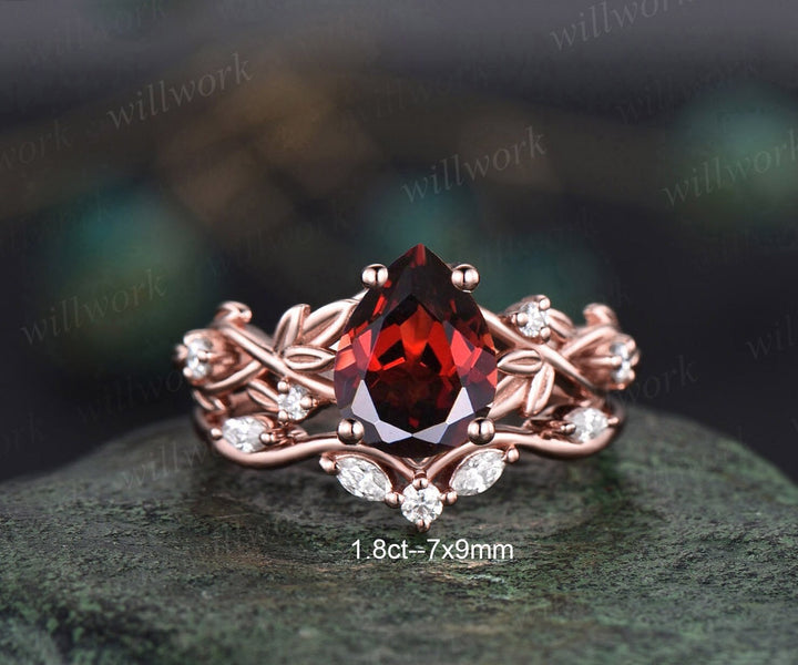 Vintage pear red garnet engagement ring set five stone leaf branch Nature inspired diamond bridal ring set women rose gold gemstone gift