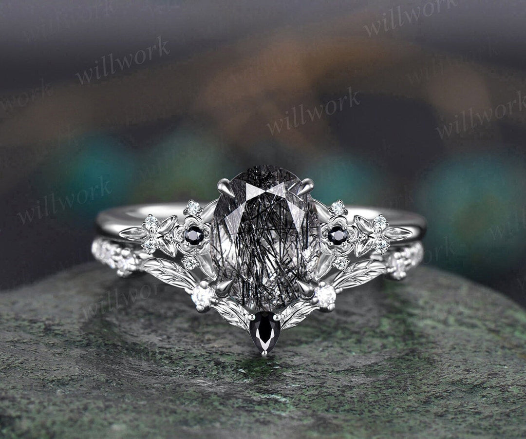 Vintage oval black rutilated quartz engagement ring leaf nature inspired black spinel diamond ring women art deco bridal promise ring set
