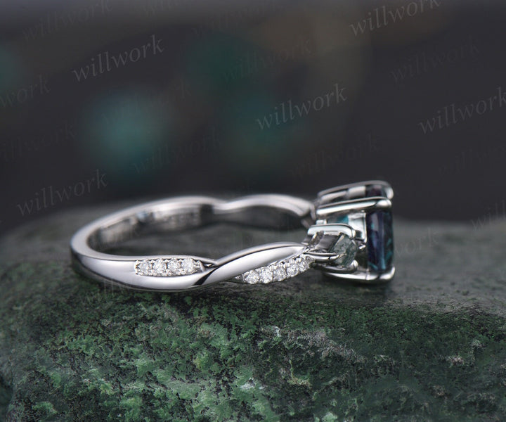 Vintage round alexandrite engagement ring eternity twisted diamond ring white gold kite moss agate antique bridal wedding ring women gift