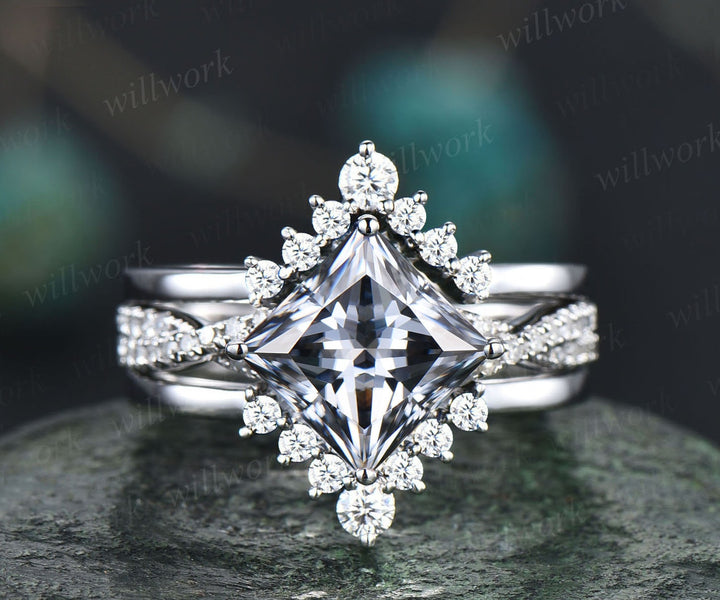 Vintage unique princess cut gray moissanite engagement ring set rose gold stacking twisted diamond promise bridal wedding ring set women