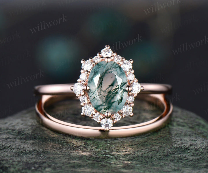 Oval green moss agate engagement ring snowdrift halo diamond bridal set solid 14k rose gold stacking Solitaire wedding ring band women gift
