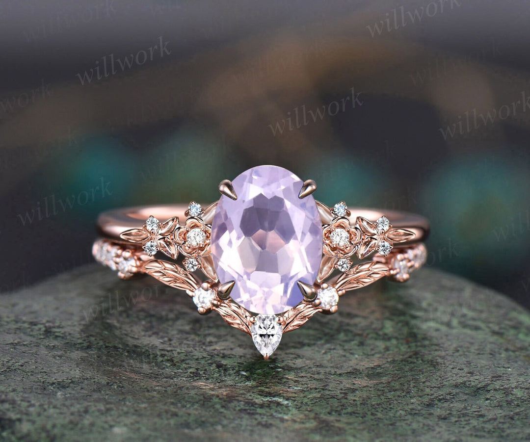 Vintage oval Lavender Amethyst engagement ring set 14k rose gold leaf floral nature inspired diamond ring unique promise wedding ring women