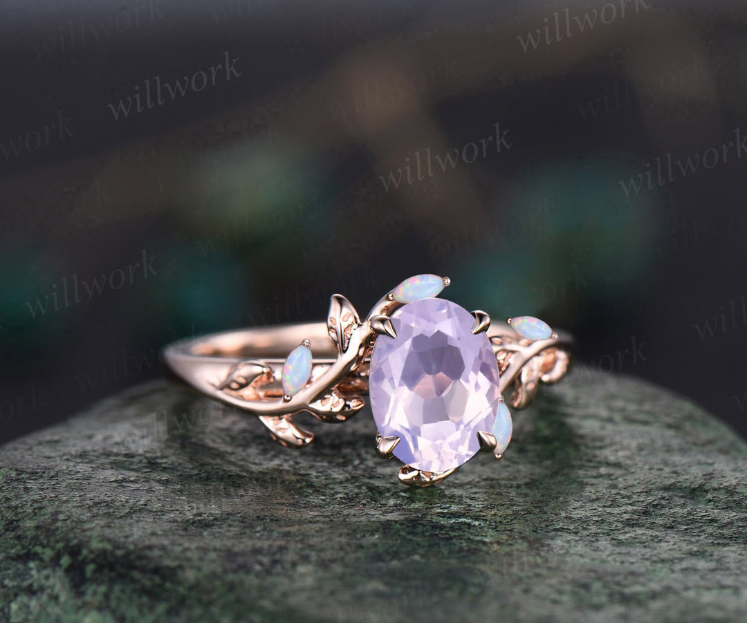 Oval Lavender Amethyst ring vintage leaf marquise opal ring women five stone unique nature inspired engagement ring twig wedding ring gift