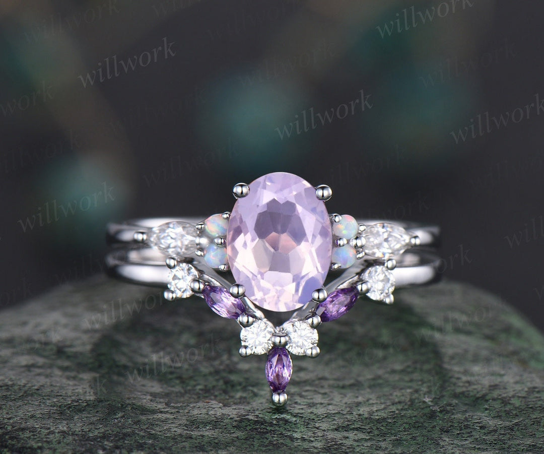 Vintage oval Lavender Amethyst engagement ring white gold opal ring moissanite promise wedding bridal ring set women purple gemstone gift