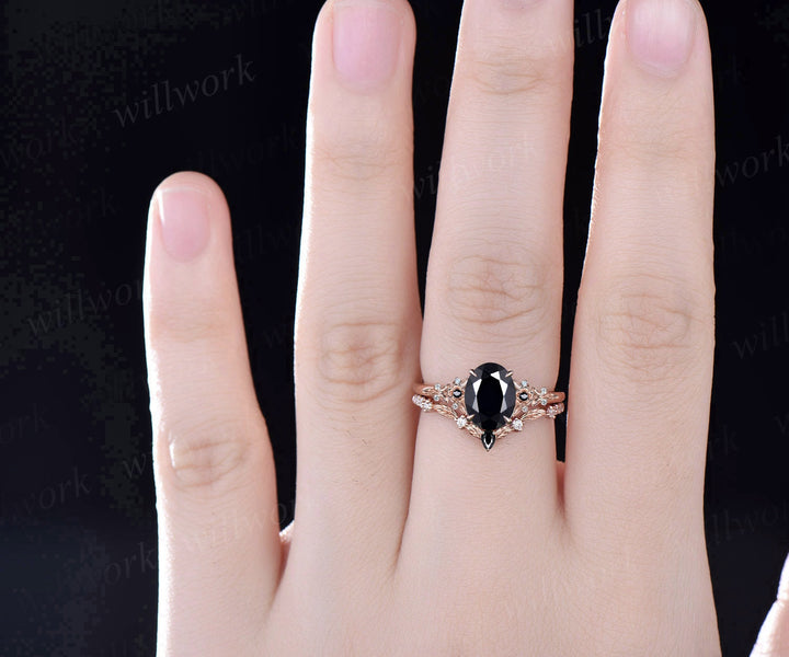 Vintage oval black Onyx engagement ring rose gold leaf nature inspired black spinel diamond ring women art deco bridal promise ring set