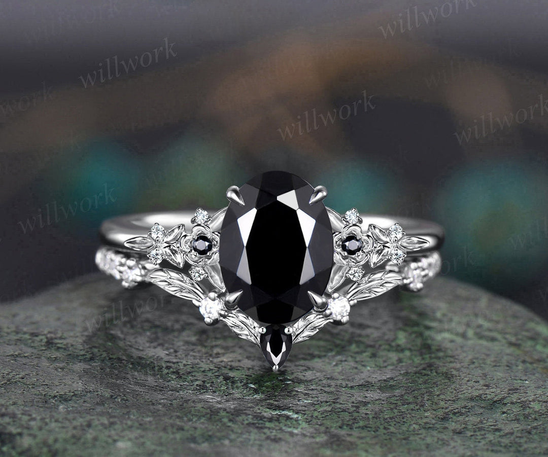 Vintage oval black Onyx engagement ring rose gold leaf nature inspired black spinel diamond ring women art deco bridal promise ring set