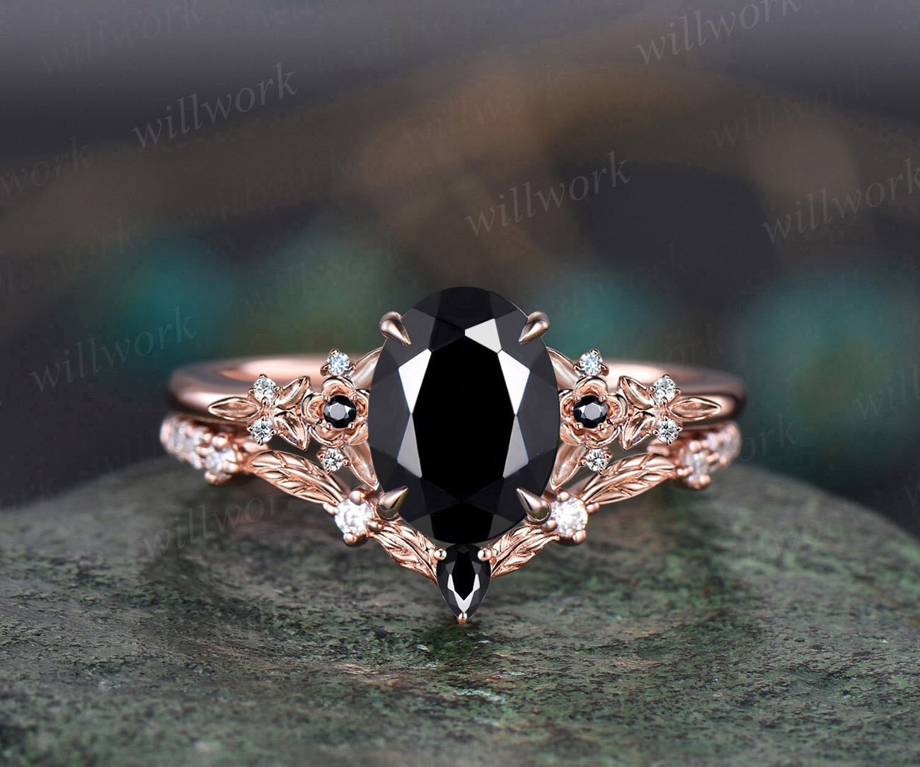 Vintage oval black Onyx engagement ring rose gold leaf nature