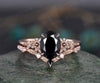 Vintage oval black Onyx engagement ring rose gold leaf nature inspired black spinel diamond ring women art deco bridal promise ring set