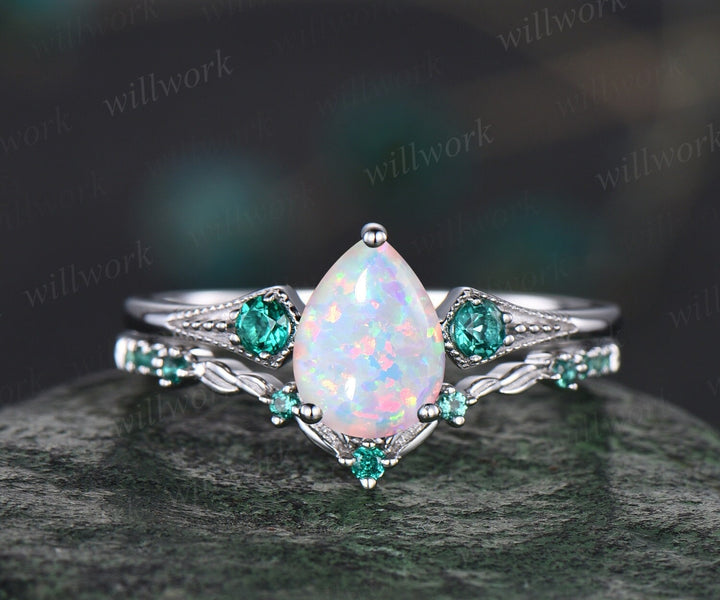 Vintage pear white opal engagement ring whtie gold Milgrain leaf three stone emerald wedding ring band women antique promise ring set