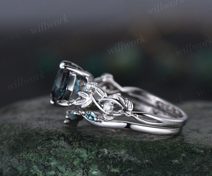 Princess cut Alexandrite engagement ring set 14k white gold five stone leaf branch Nature inspired ring diamond bridal ring set women gift