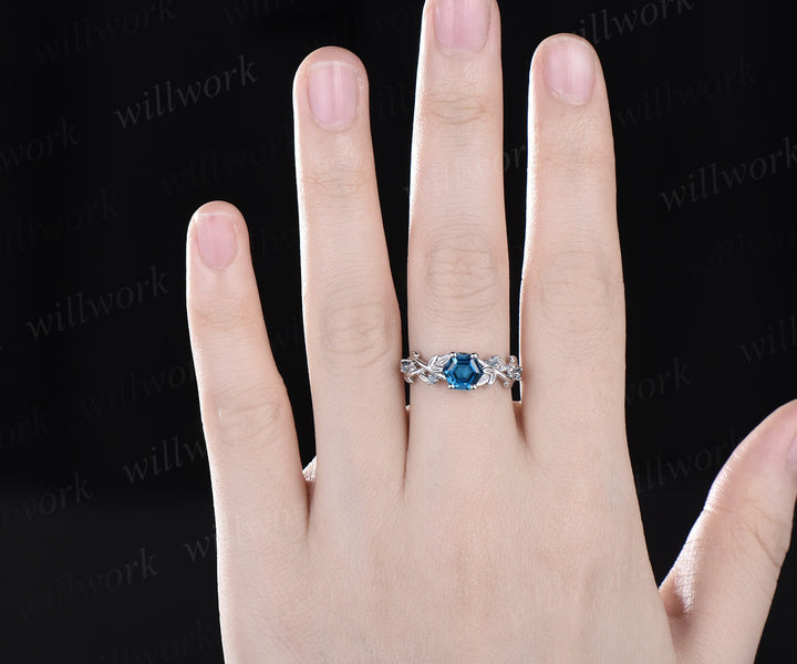 Leaf five stone hexagon London blue topaz engagement ring women white gold art deco East to west crystal ring blue gemstone promise ring her