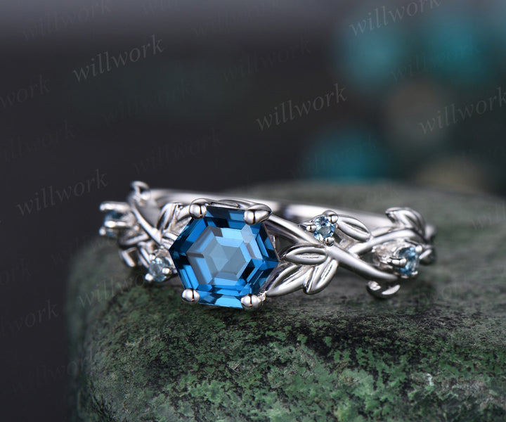 Leaf five stone hexagon London blue topaz engagement ring women white gold art deco East to west crystal ring blue gemstone promise ring her