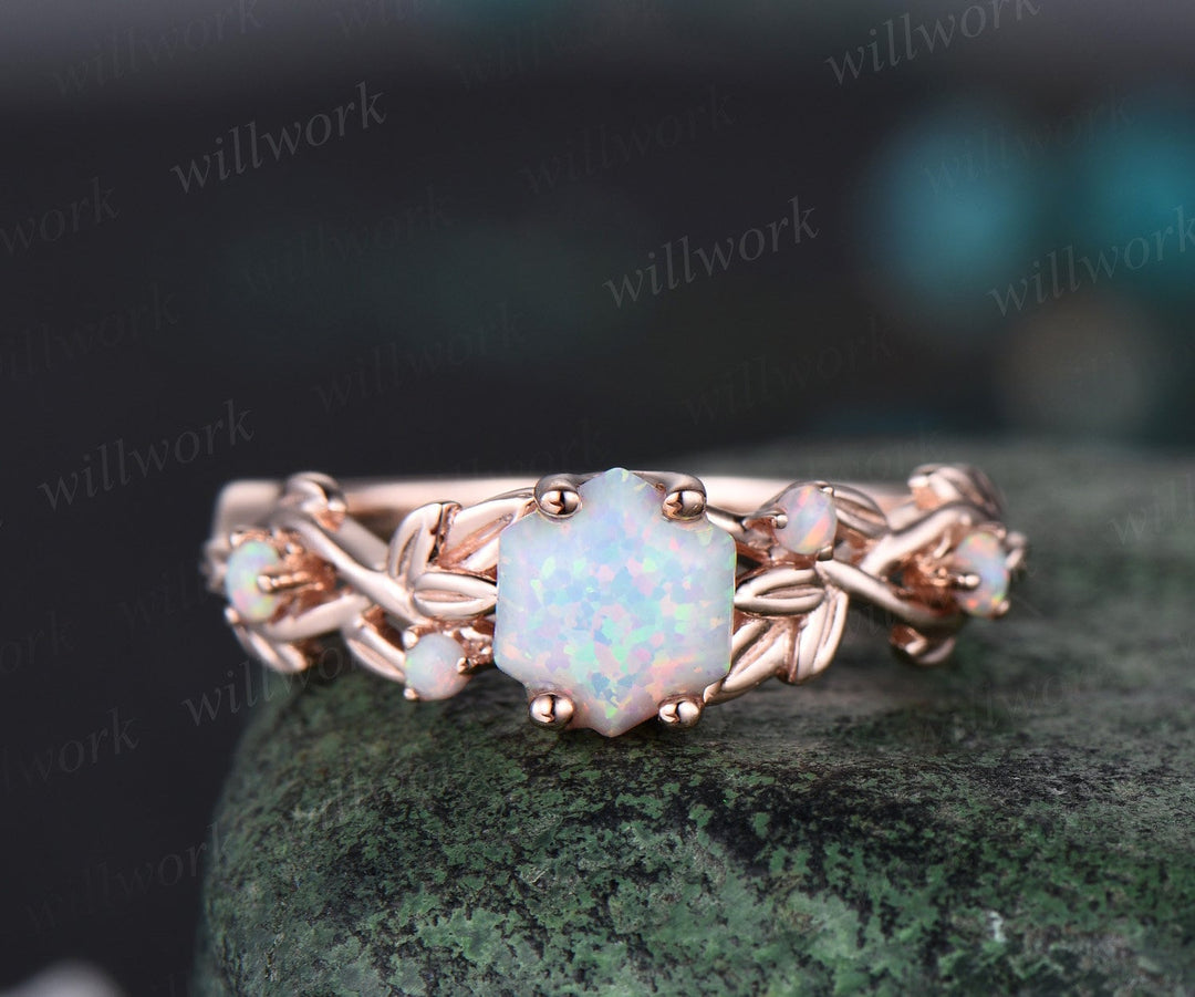 Hexagon white opal ring vintage rose gold leaf nature inspired five stone opal engagement ring art deco twisted branch wedding ring women