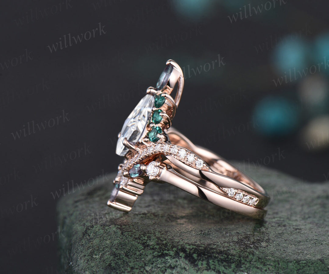 Vintage kite moissanite engagement ring set rose gold art deco alexandrite emerald ring women twisted halo diamond bridal promise ring her