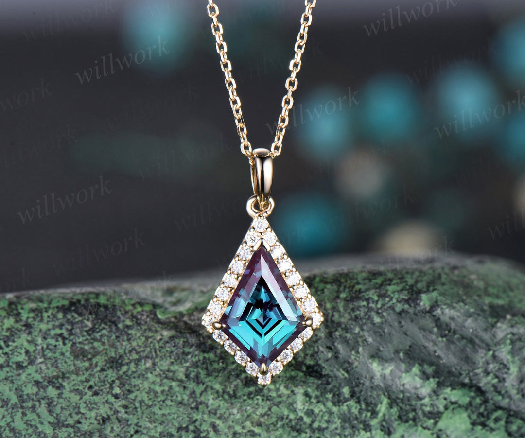 Vintage kite cut Alexandrite necklace 14k rose gold June birthstone dainty halo moissanite diamond pendant gift for women jewelry