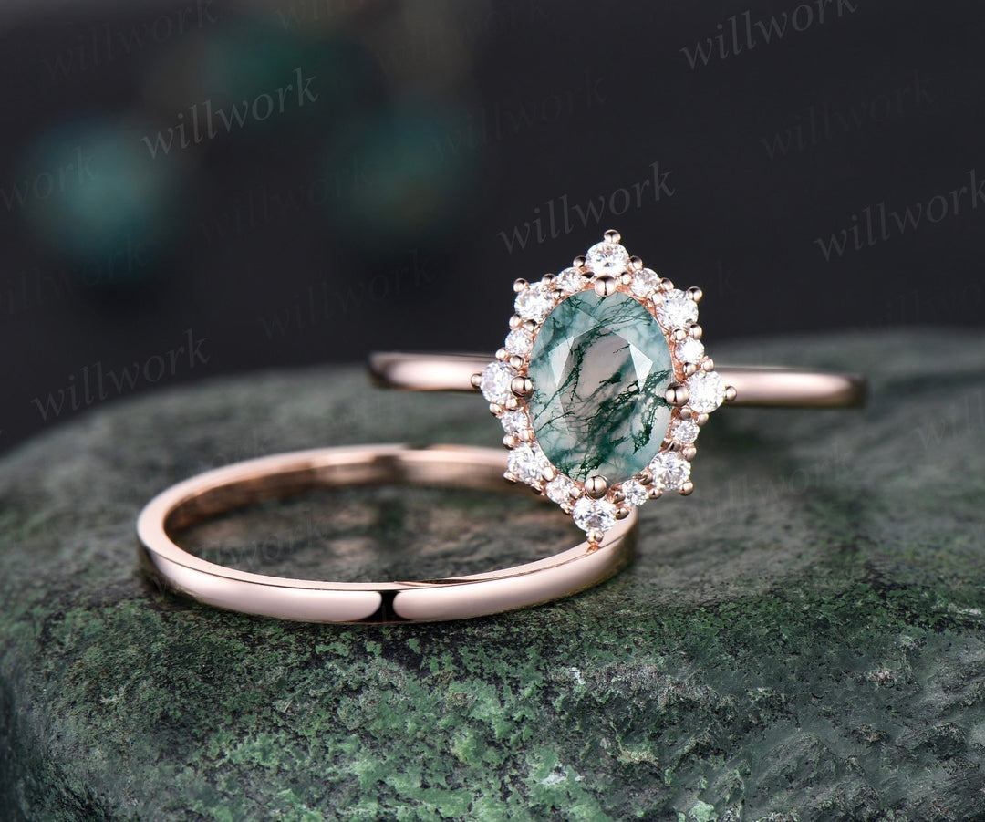 Oval green moss agate engagement ring snowdrift halo diamond bridal set solid 14k rose gold stacking Solitaire wedding ring band women gift