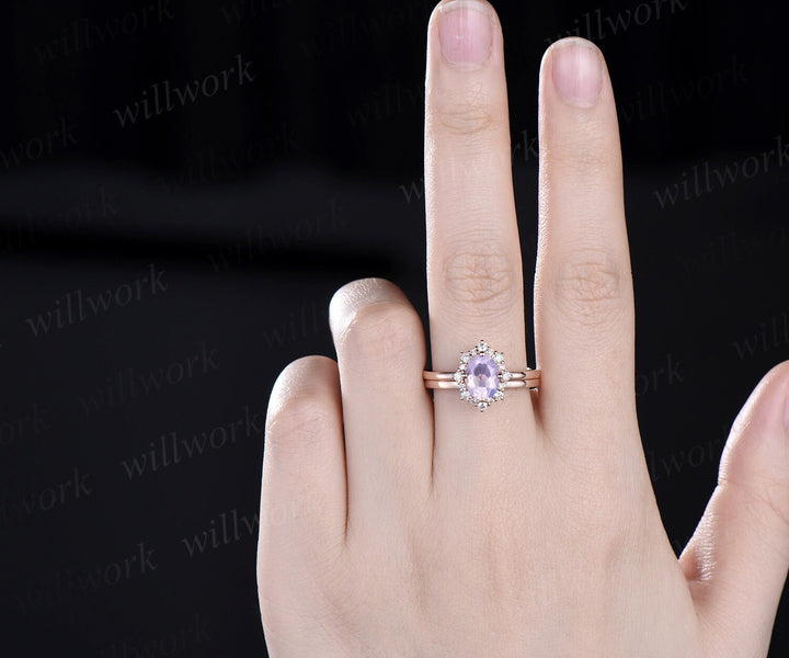 Oval cut Lavender Amethyst engagement ring snowdrift halo diamond bridal set solid 14k rose gold stacking Solitaire wedding ring band women