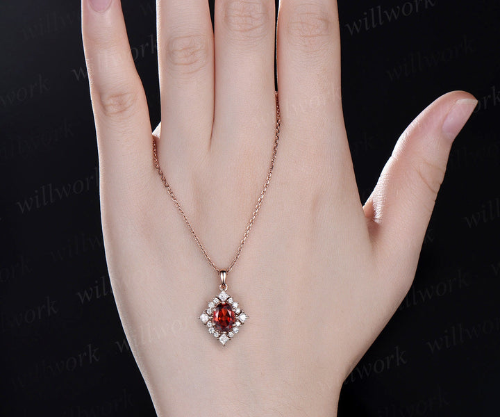 Vintage oval red garnet necklace solid 14k 18k rose gold art deco princess moissanite diamond necklace pendant women bridal promise gift
