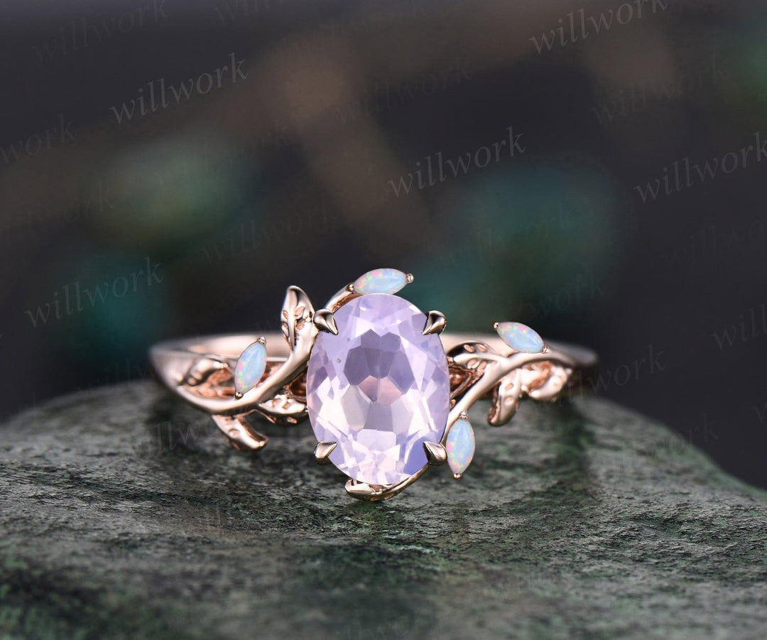 Oval Lavender Amethyst ring vintage leaf marquise opal ring women five stone unique nature inspired engagement ring twig wedding ring gift