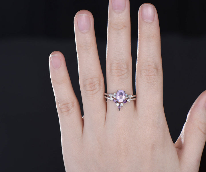 Vintage oval Lavender Amethyst engagement ring white gold opal ring moissanite promise wedding bridal ring set women purple gemstone gift