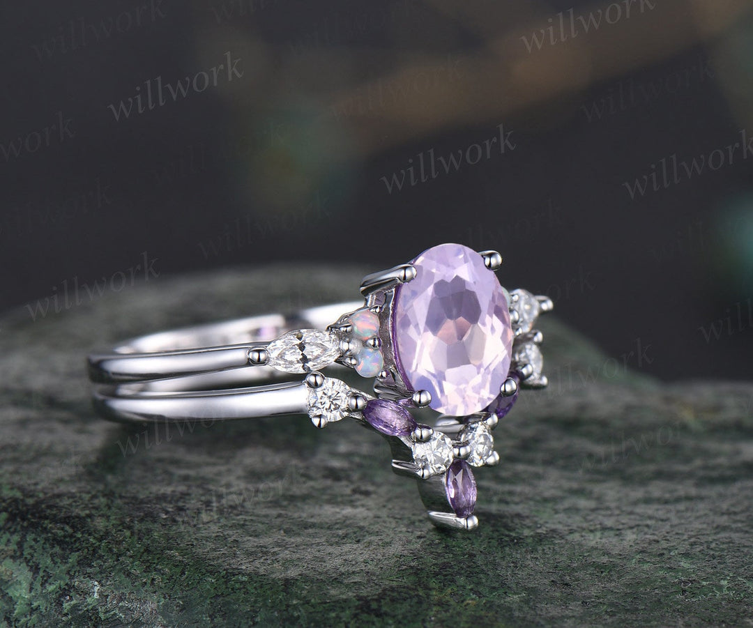 Vintage oval Lavender Amethyst engagement ring white gold moissanite promise wedding bridal ring set women purple gemstone gift