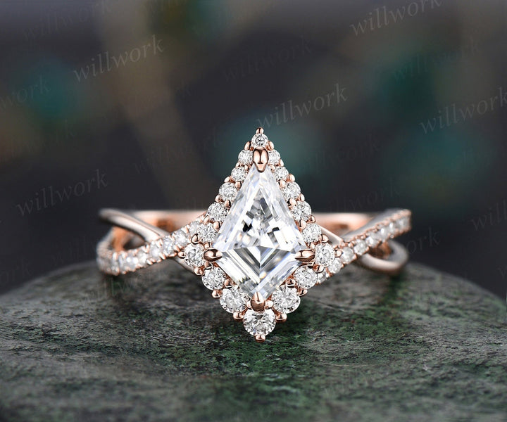 Vintage kite cut moissanite engagement ring solid 14k rose gold eternity infinity Twisted snowdrift halo diamond wedding bridal ring women
