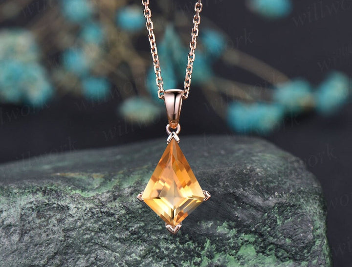 Kite yellow citrine necklace solid 14k 18k rose gold vintage unique Personalized pendant women her Crystal anniversary bridal gift mother