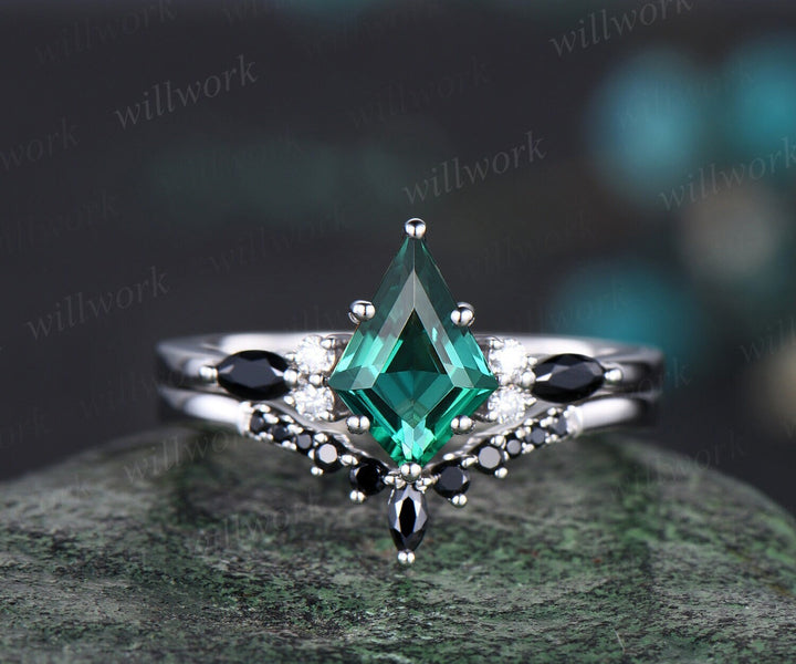 Kite emerald ring 6 prong emerald engagement ring set solid 14k white gold marquise black stone ring set women bridal set jewelry