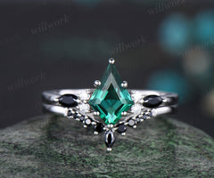 Kite emerald ring 6 prong emerald engagement ring set solid 14k white gold marquise black stone ring set women bridal set jewelry