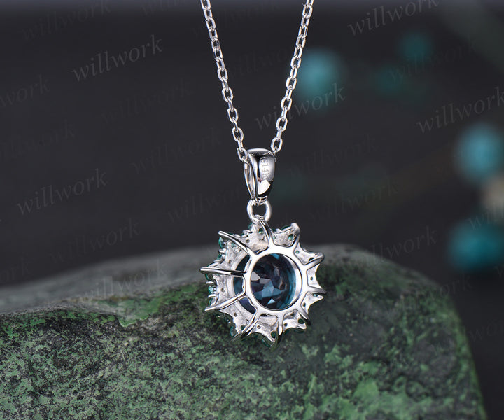 Vintage round alexandrite necklace 8 prong snowdrift halo emerald pendant for women solid 14k white gold June birthstone gift for her