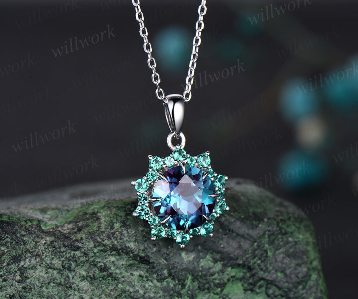 Vintage round alexandrite necklace 8 prong snowdrift halo emerald pendant for women solid 14k white gold June birthstone gift for her