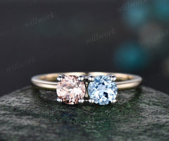 Vintage morganite aquamarine engagement ring dainty two stone ring white yellow two tone gold ring unique Toi et Moi ring women