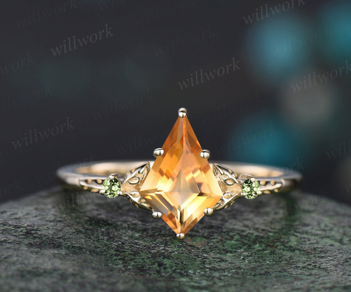 Leaf three stone kite citrine engagement ring yellow gold art deco nature inspired peridot ring women unique wedding promise ring set gift