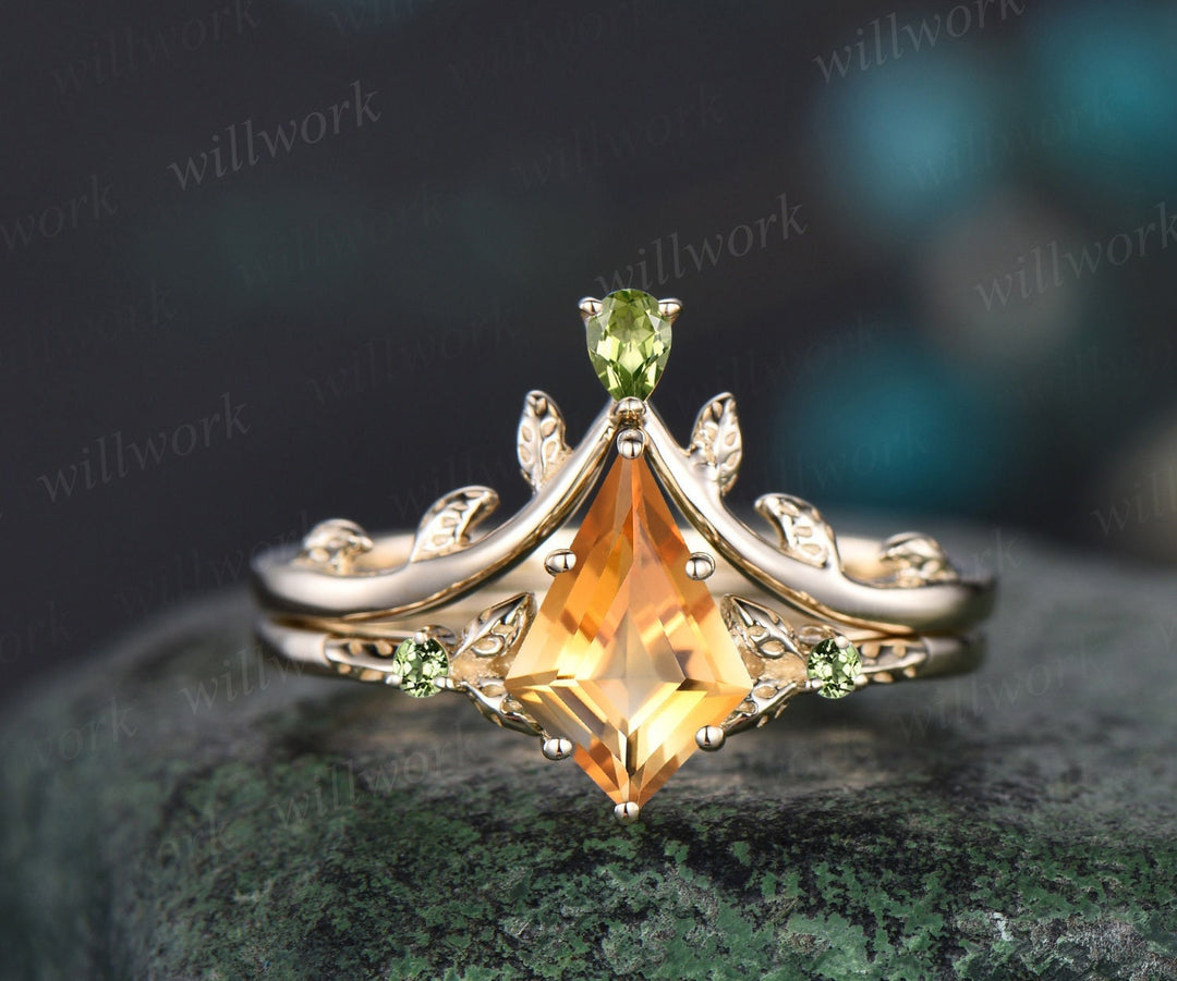 Leaf three stone kite citrine engagement ring yellow gold art deco nature inspired peridot ring women unique wedding promise ring set gift