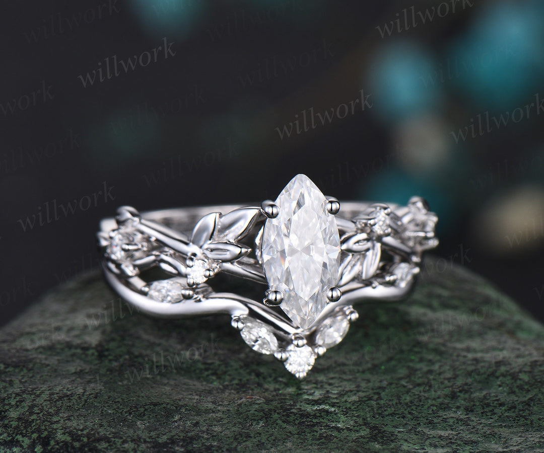 Vintage marquise cut moissanite engagement ring women twig leaf Nature inspired white gold ring branch diamond bridal ring set gift
