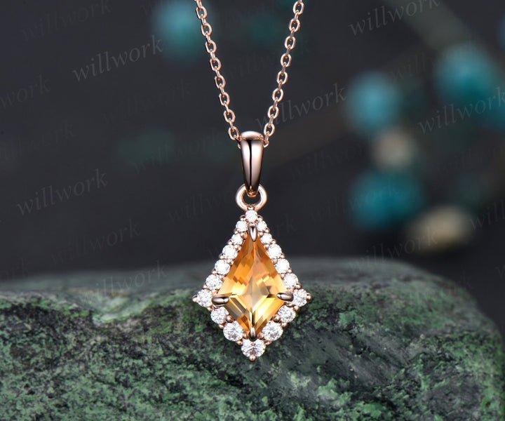 Kite cut yellow citrine necklace unique halo snowdrift moissanite necklace pendant rose gold women mother bridal promise anniversary gift