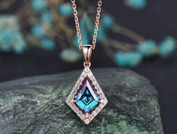 Vintage kite cut Alexandrite necklace 14k rose gold June birthstone dainty halo moissanite diamond pendant gift for women jewelry