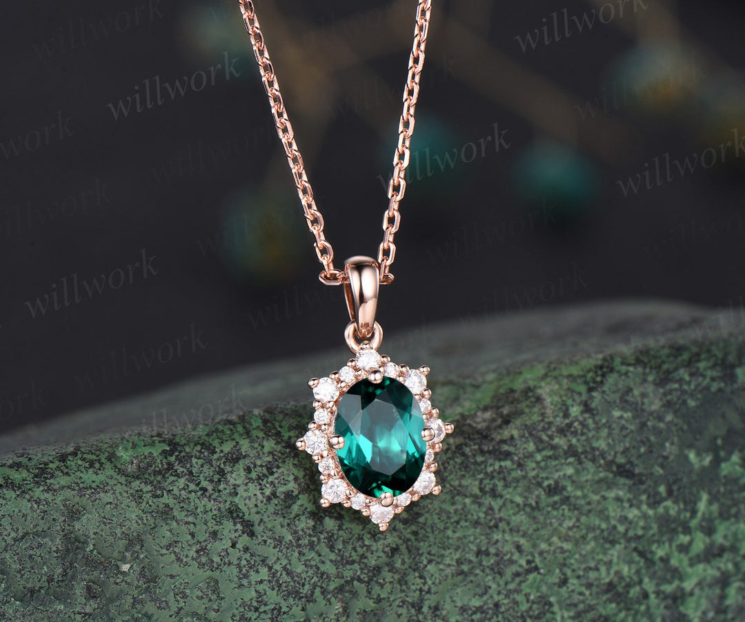 Vintage oval green emerald necklace solid 14k 18k rose gold halo snowdrift diamond pendant women May birthstone anniversary gift jewelry