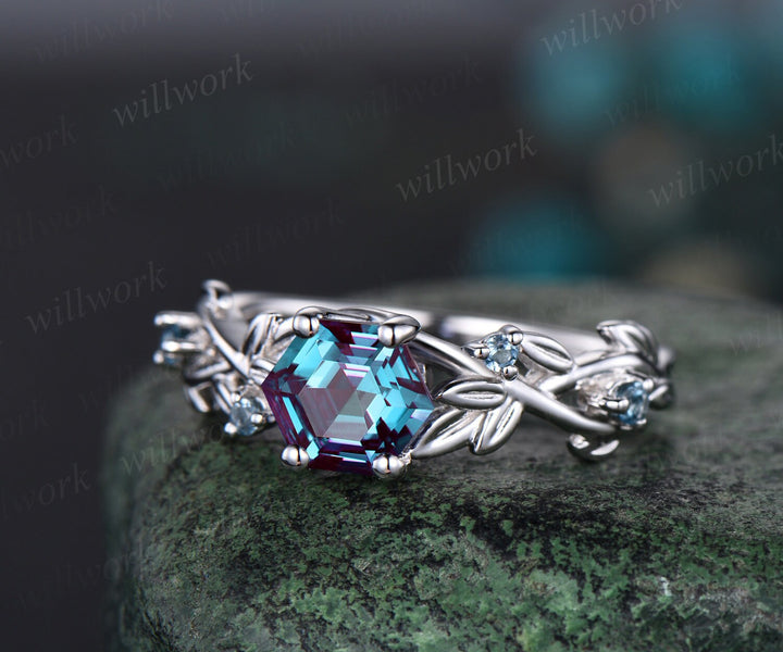 Leaf five stone hexagon Alexandrite engagement ring women white gold art deco East to west color changing gemstone promise ring her