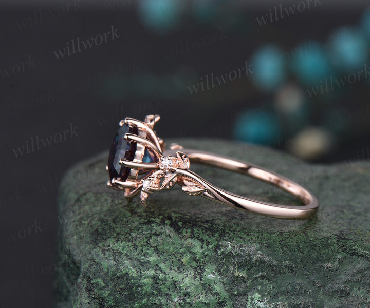 Octagon Alexandrite ring vintage five stone moonstone ring leaf nature inspired unique engagement ring rose gold antique wedding ring women