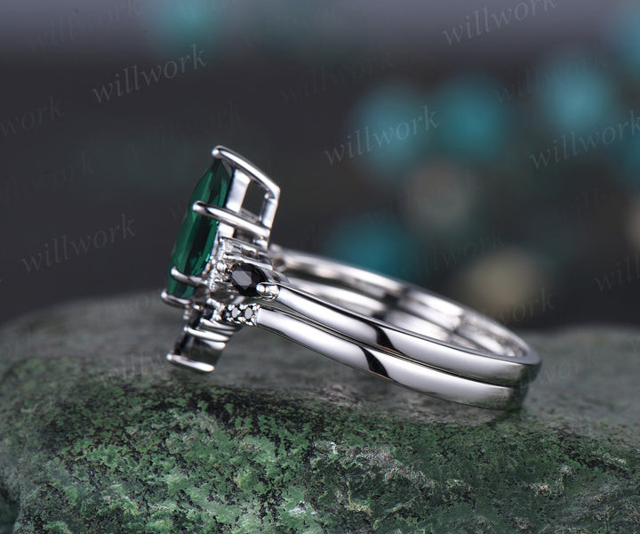 Kite emerald ring 6 prong emerald engagement ring set solid 14k white gold marquise black stone ring set women bridal set jewelry