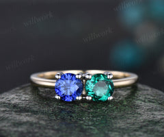 Vintage sapphire emerald Toi et Moi ring dainty two stone ring white yellow two tone gold ring unique promise anniversary ring women