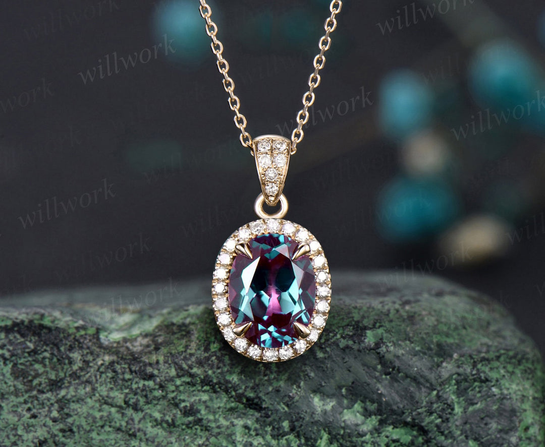 2ct oval cut alexandrite necklace solid 14k rose gold vintage unique halo diamond necklace pendant women June birthstone anniversary gift