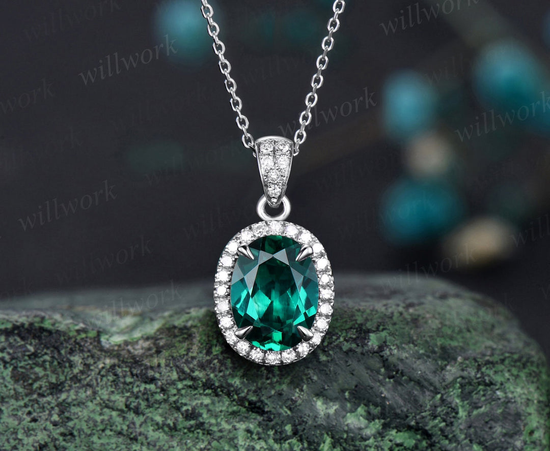 2ct oval cut green emerald necklace solid 14k rose gold vintage unique halo diamond necklace pendant women May birthstone anniversary gift