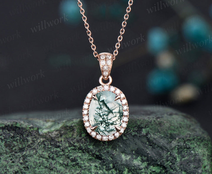 2ct oval cut green moss agate necklace solid 14k rose gold vintage unique halo diamond necklace pendant women promise anniversary gift